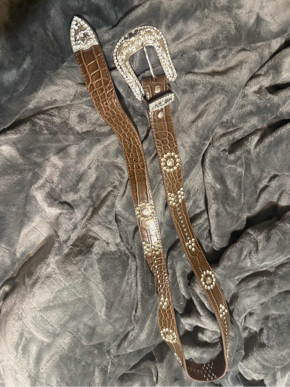 Idyllwind Brown Croc-Embossed Floral Rhinestone Belt with Silver Buckle